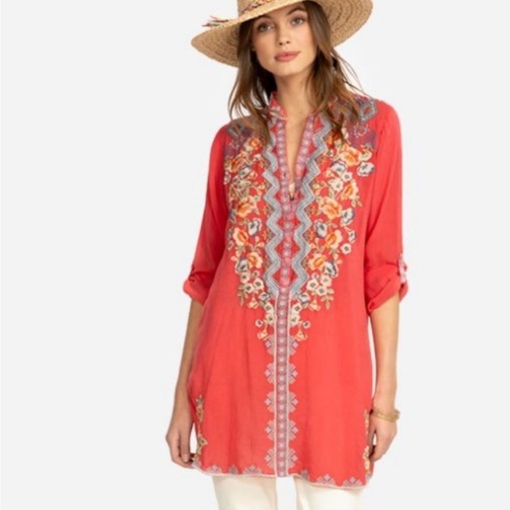 Johnny Was Harlow Floral V-Neck Embroidered Tunic Top Bohemian Cottagecore - Picture 2 of 16